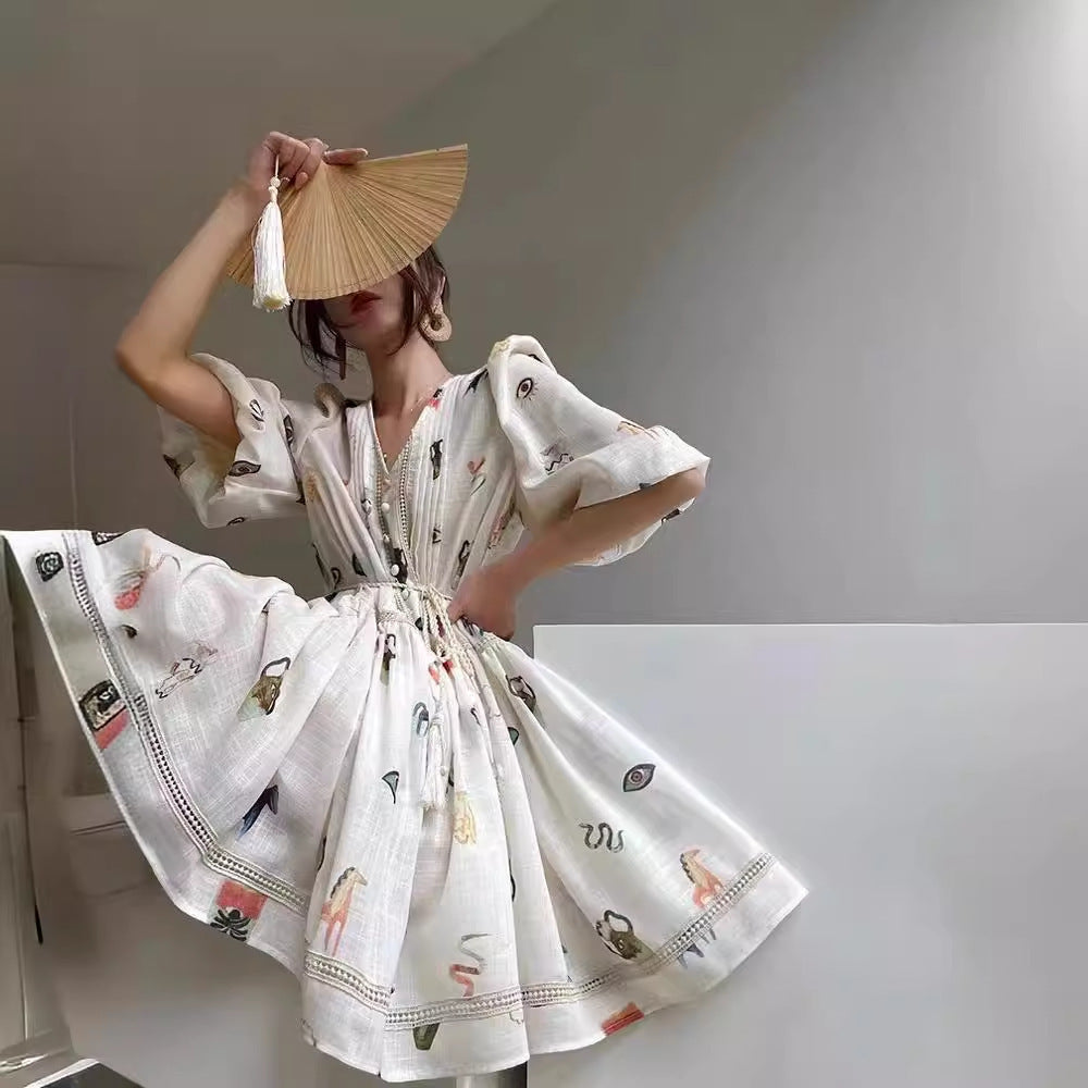 Women's Lace Retro Loose French Print Puff Sleeve Dress LadyShow.Store