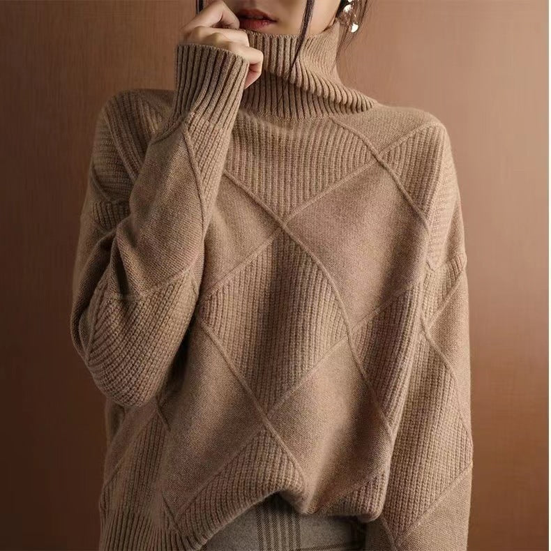 Loose High Collar Warm Sweater Solid Color Knitted Women LadyShow.Store