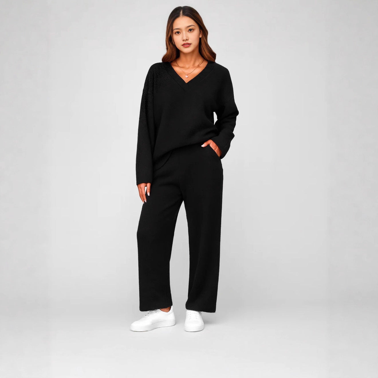 V-neck Wool Loose Pockets Leisure Suit Two-piece Pajamas LadyShow.Store
