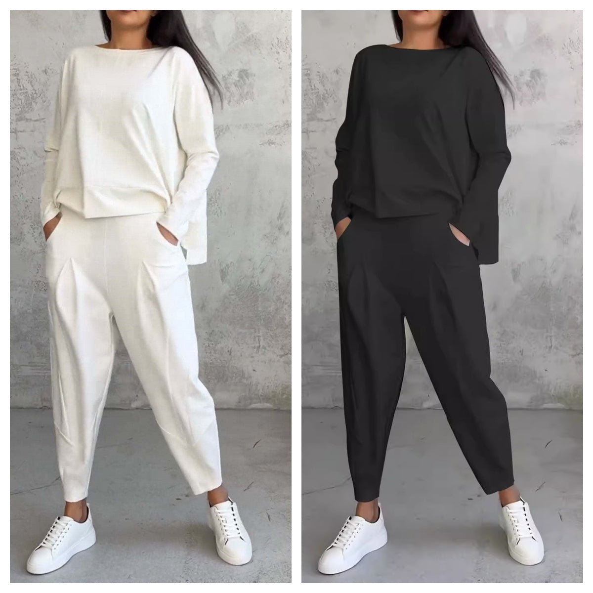 Women's Irregular Suit Long-sleeved Round Neck Top And Loose Harem Pants With Pockets Ins Fashion Trousers Set Women's Clothing LadyShow.Store