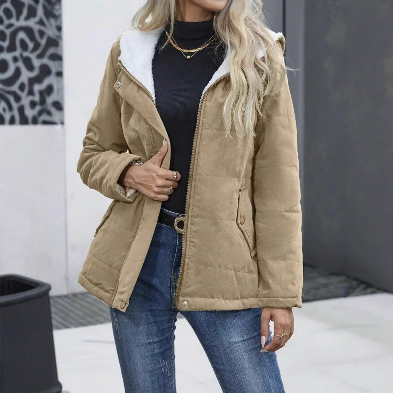 Fleece-lined Hooded Coat Winter Preppy Style Long Sleeve Jacket Warm Pockets Cotton Coat Women's Clothing LadyShow.Store