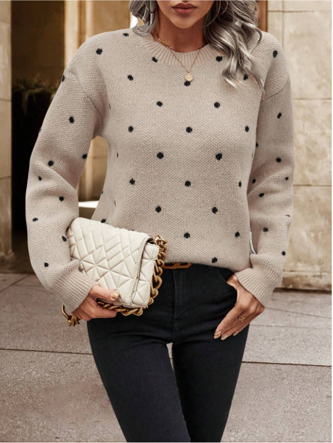 Ins Polka Dot Print Pullover Sweater Fashion Casual Long-sleeved Jacquard Knitted Top Winter Round Neck Clothing For Women Best YouTube Store