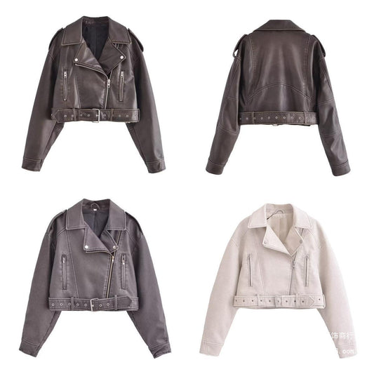 Washed Leather Motorcycle Jacket Women LadyShow.Store
