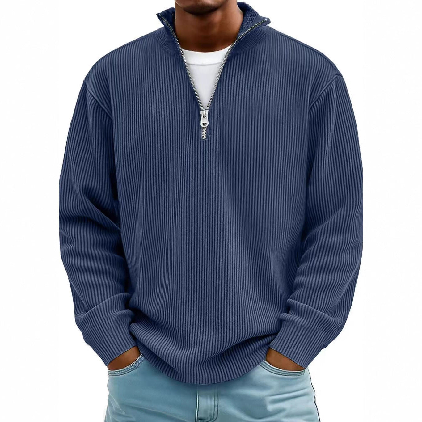 Corduroy Zipper Stand Collar Sweatshirt Fashion Warm Solid Color Long Sleeve Top Men's Casual Polo Shirt Clothing Best YouTube Store