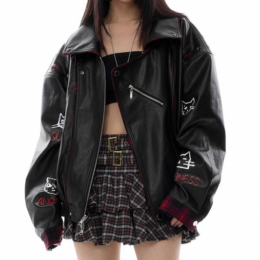 Reversible PU Leather Motorcycle Jacket - Loose Fit Long Biker Coat in Black/Red Checkered Pattern LadyShow.Store