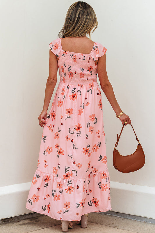 Clare Floral High Waist Ruffle Hem Long Dress Threaded Pear