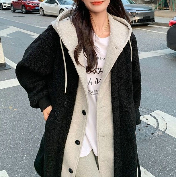 Long Hooded Dress Coat Lambswool All-match Loose Fashionable Jacket Accent Plus