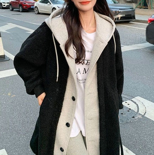 Long Hooded Dress Coat Lambswool All-match Loose Fashionable Jacket Accent Plus