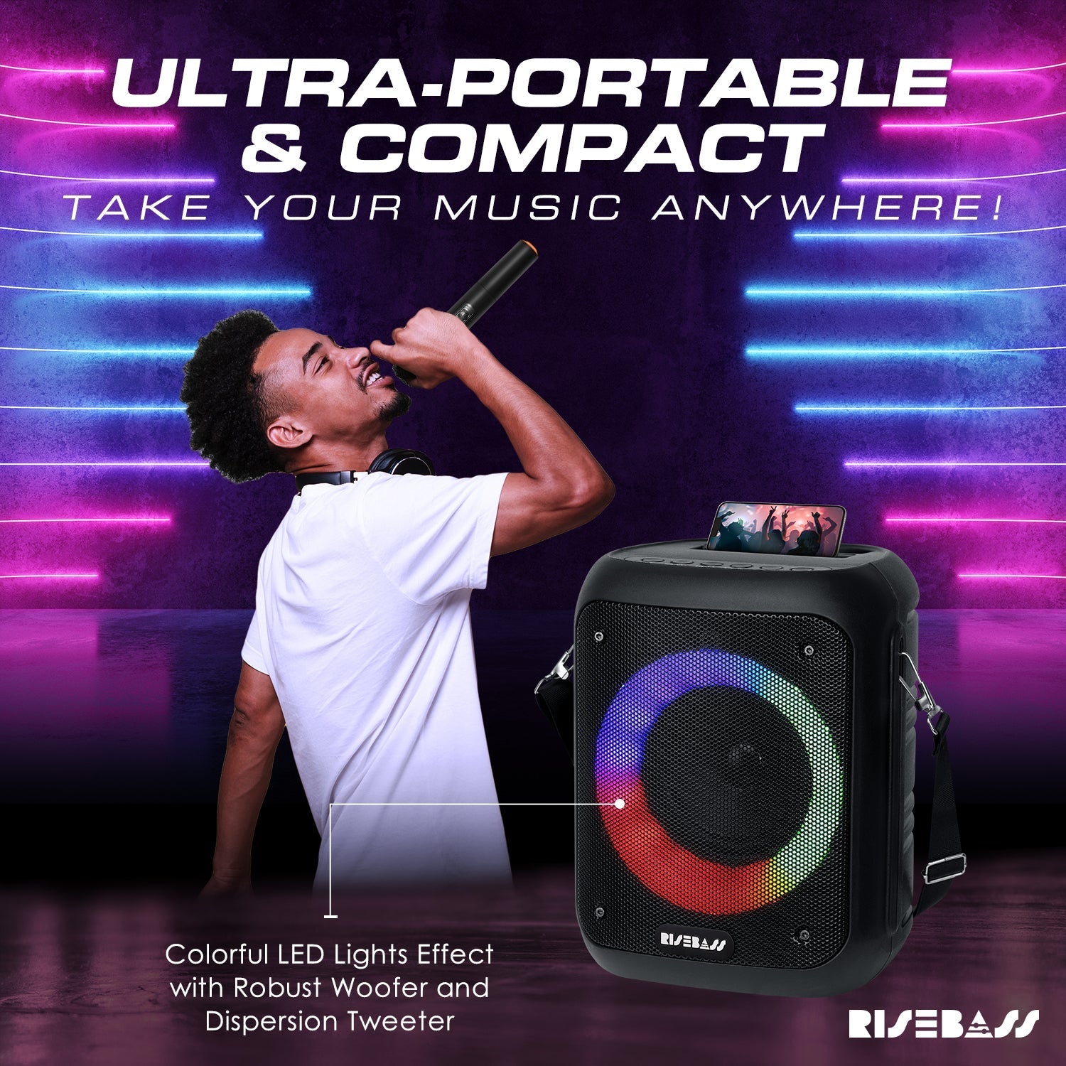 Risebass Portable Karaoke Machine with 2 Wireless Microphones - Bluetooth Rechargeable Speaker with USB/SD/TF Card Support, AUX-in, Tripod Screw Mount and Phone Slot. LuxuryLifeWay Online Store