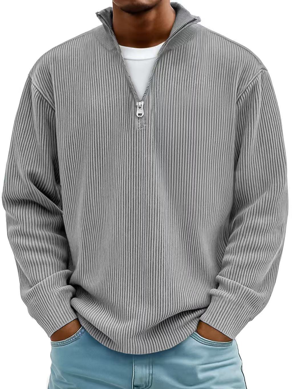 Corduroy Zipper Stand Collar Sweatshirt Fashion Warm Solid Color Long Sleeve Top Men's Casual Polo Shirt Clothing Best YouTube Store