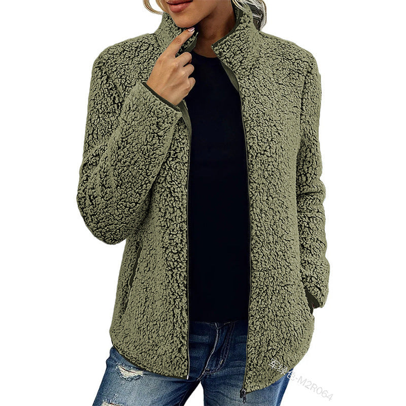Fall Winter Warm Sweatshirt Stand Collar Solid Color Top Sweater Women's Casual Fashion Long Sleeve Zipper Bubble Velvet Coat Tops Best YouTube Store