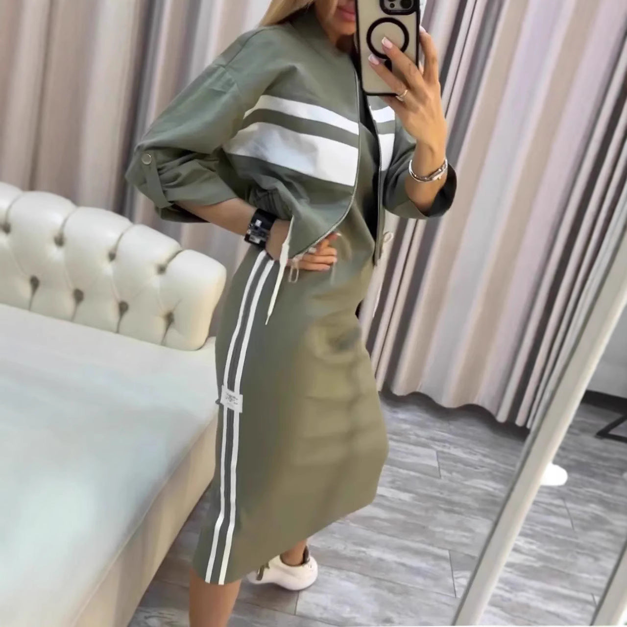 Casual Zipper White Stripe Edge Jacket Coat Dress Women's Suit Accent Plus