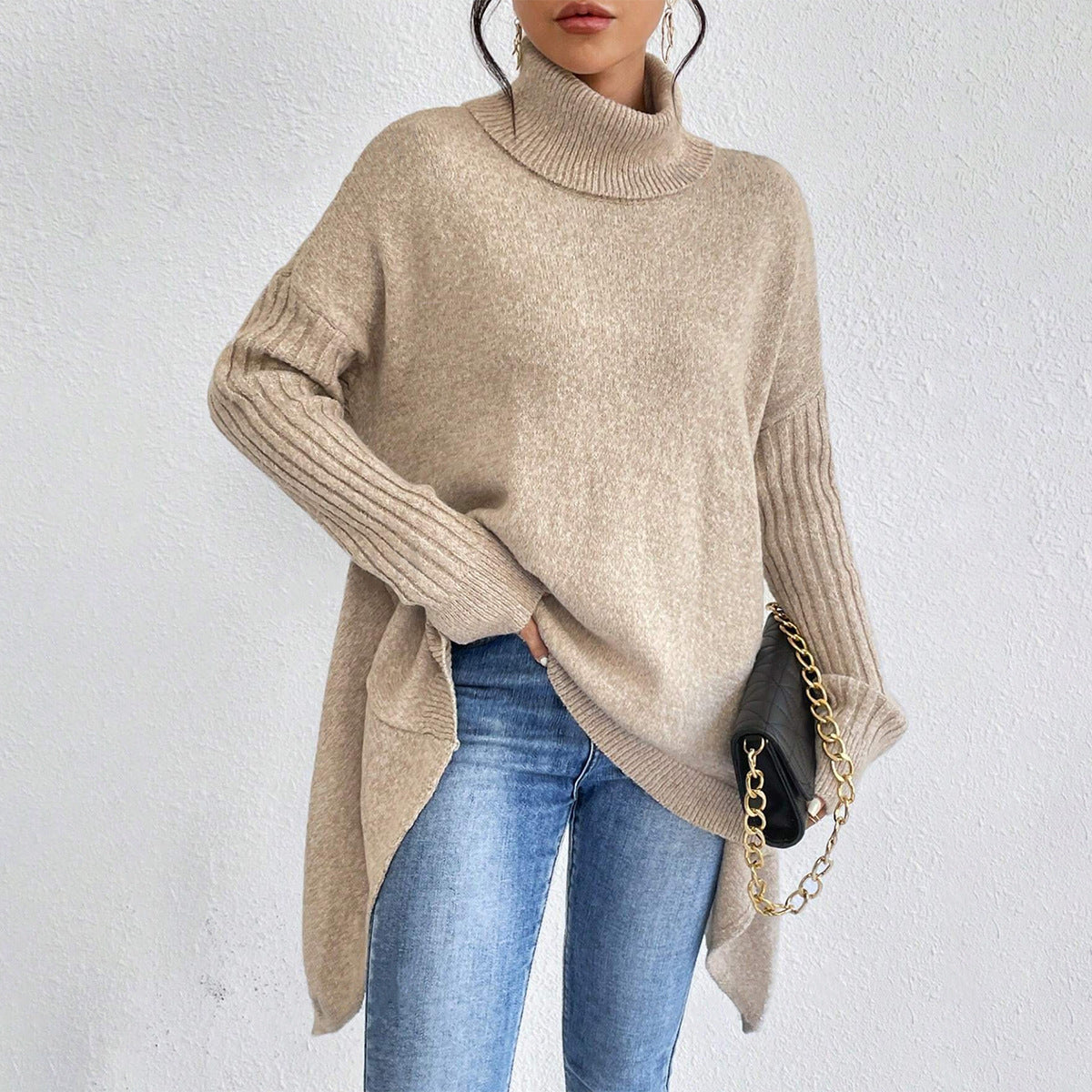 Irregular Turtleneck Sweater Winter Loose Long Sleeve Knitted Tops Leisure Warm Pullover Sweater Women's Clothing Best YouTube Store