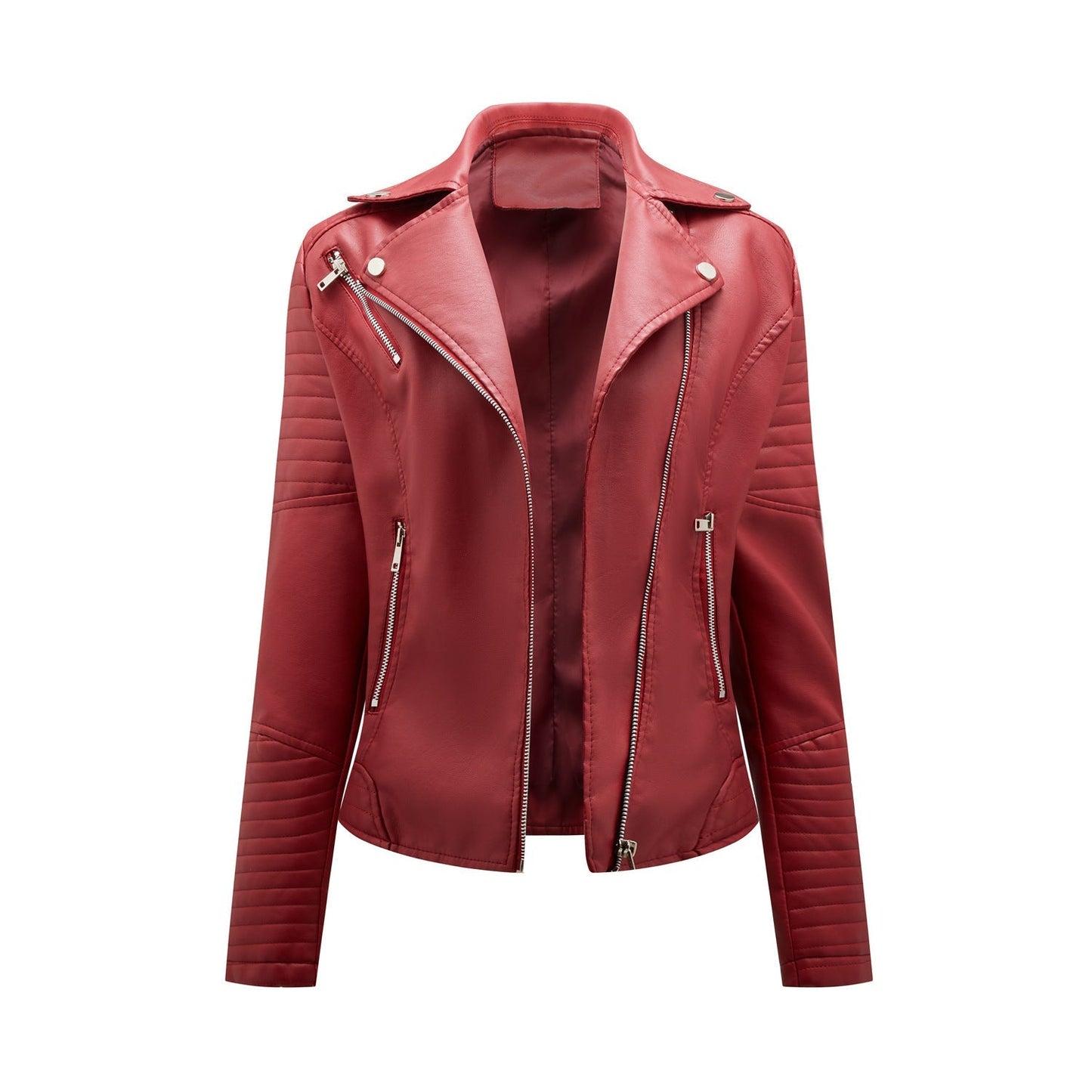 Short Leather Jacket Women's Lapel Motorcycle Oblique Zipper Jacket LadyShow.Store