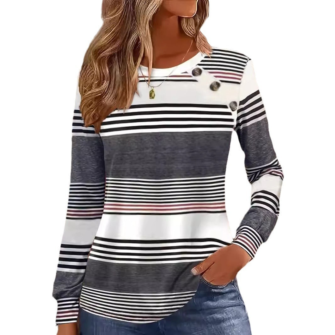 Casual Button Striped Long Sleeve Women's T-shirt Best YouTube Store