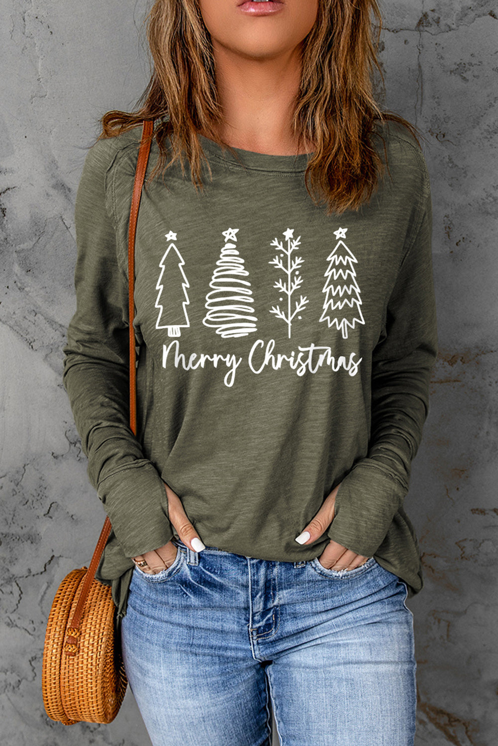 Thea Merry Christmas Trees Thumbhole Sleeve Graphic Tee Threaded Pear
