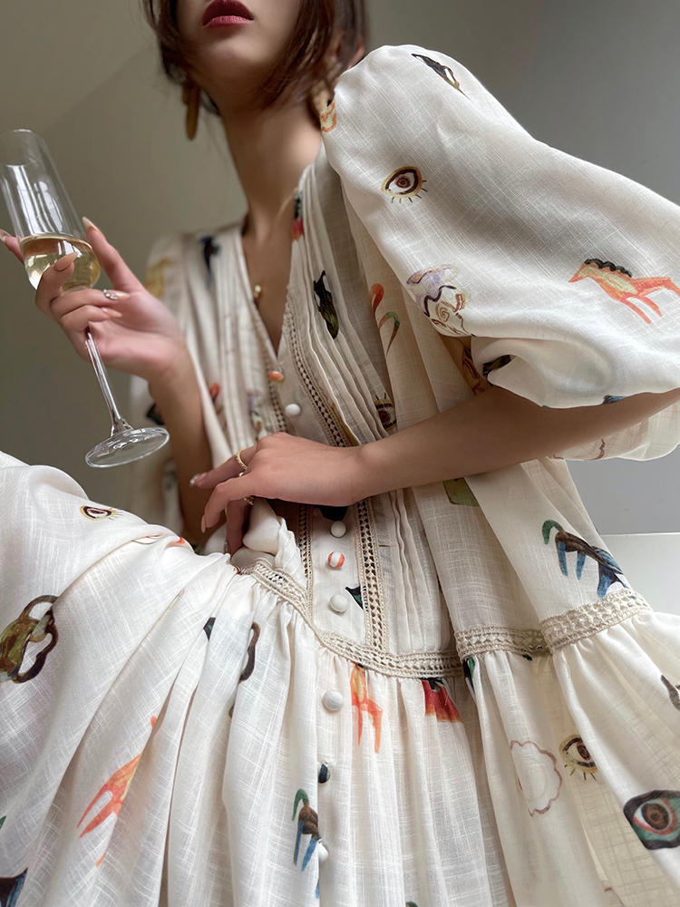 Women's Lace Retro Loose French Print Puff Sleeve Dress LadyShow.Store