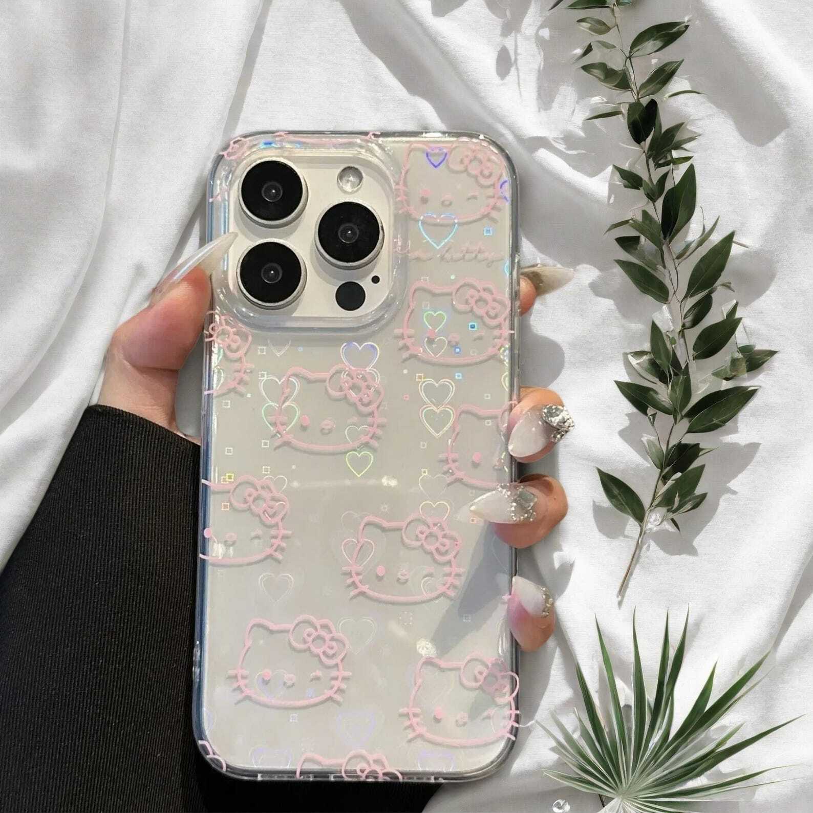 Cute Kawaii Cat Phone Case for iPhone 15 14 13 12 11 Pro Max Plus Pink Laser Protective Cover with Cute Design W2B