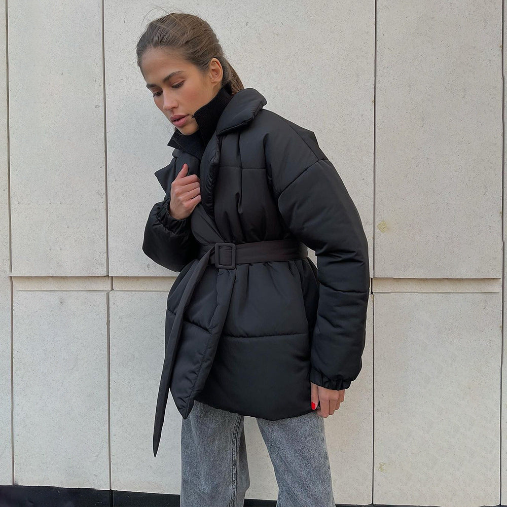 New Thickened Slimming Cinched Cotton-padded Coat Solid Color Belt Cotton Coat Jacket Accent Plus