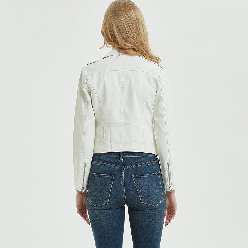 Women's PU Leather Motorcycle Jacket - European & American Style Short Biker Jacket (Black/White, Sizes S-XL LadyShow.Store