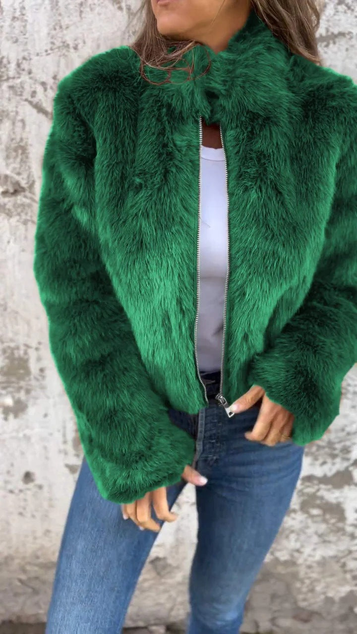 Fashion Stand Collar Plush Jacket Winter Casual Turtleneck Zipper Coat Fleece Tops Women's Clothing Accent Plus