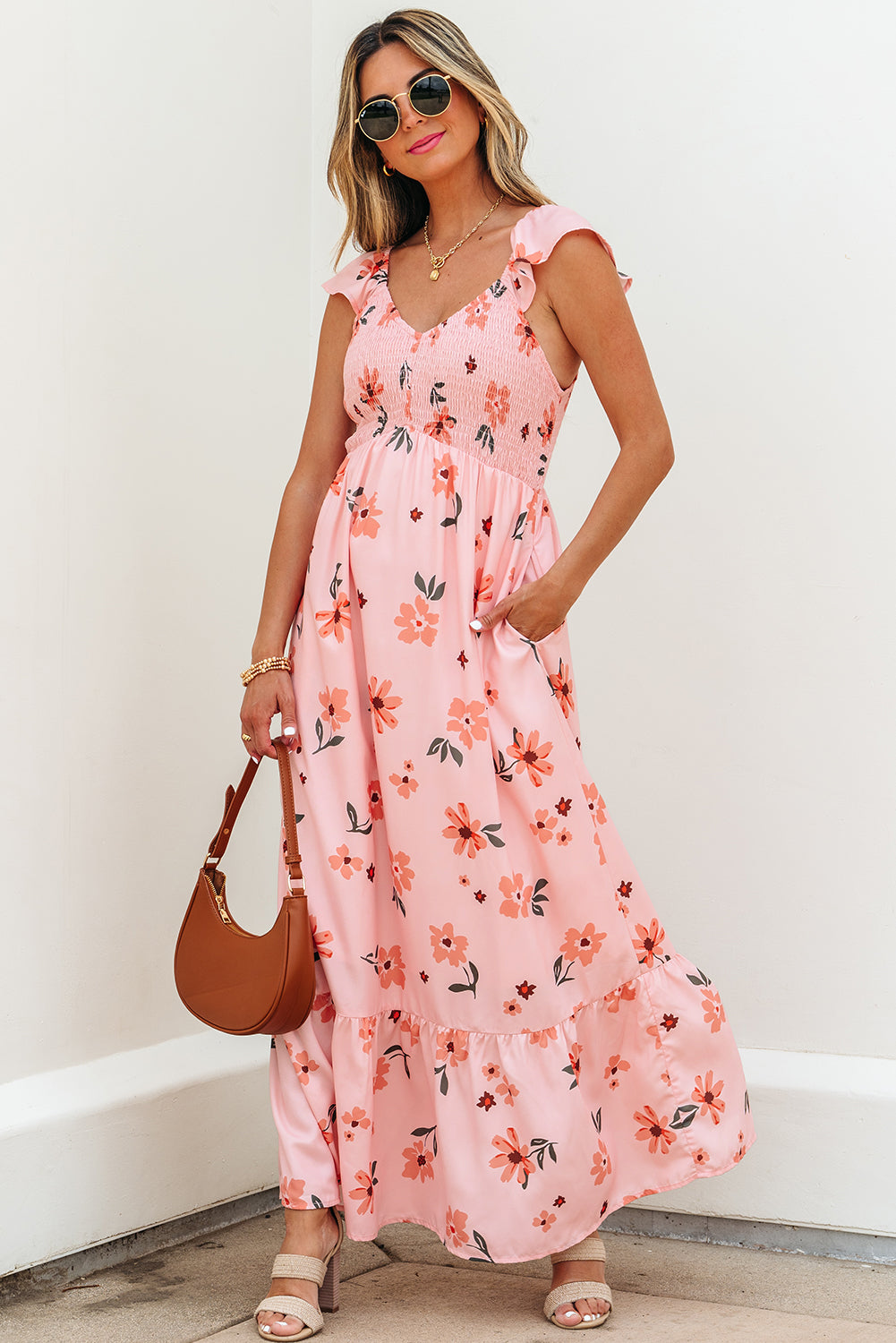 Clare Floral High Waist Ruffle Hem Long Dress Threaded Pear
