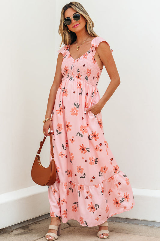 Clare Floral High Waist Ruffle Hem Long Dress Threaded Pear