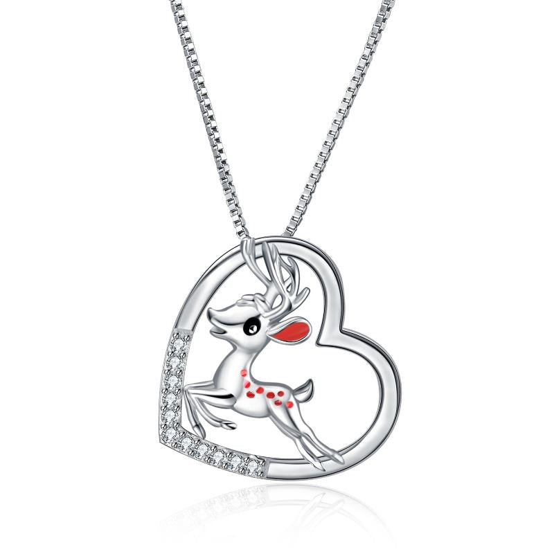 Sterling Silver Sika Deer Heart Zircon Necklace LadyShow.Store