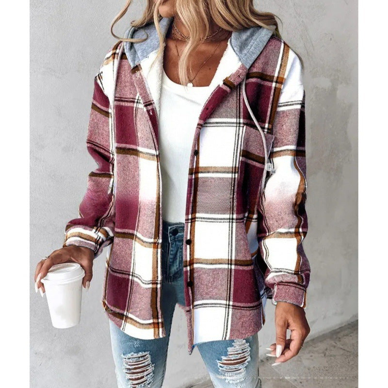 Plaid Hooded Jacket Fashion Casual Button Pocket Coat Autumn And Winter Women's Clothing Accent Plus