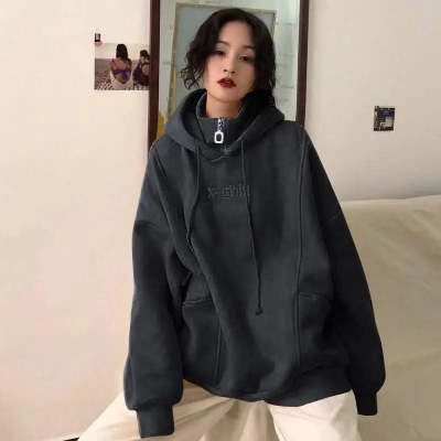 Hoodies Women Autumn Winter New Korean Style Student Loose Embroidered Simple Plus Velvet High Quality Soft Womens Clothing Chic Accent Plus