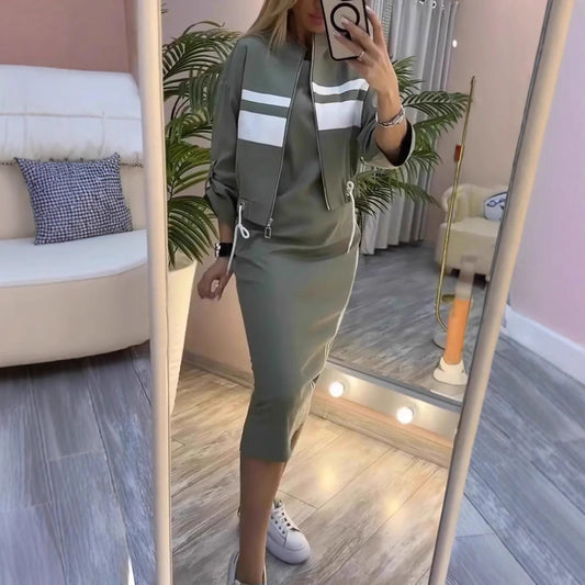 Casual Zipper White Stripe Edge Jacket Coat Dress Women's Suit Accent Plus