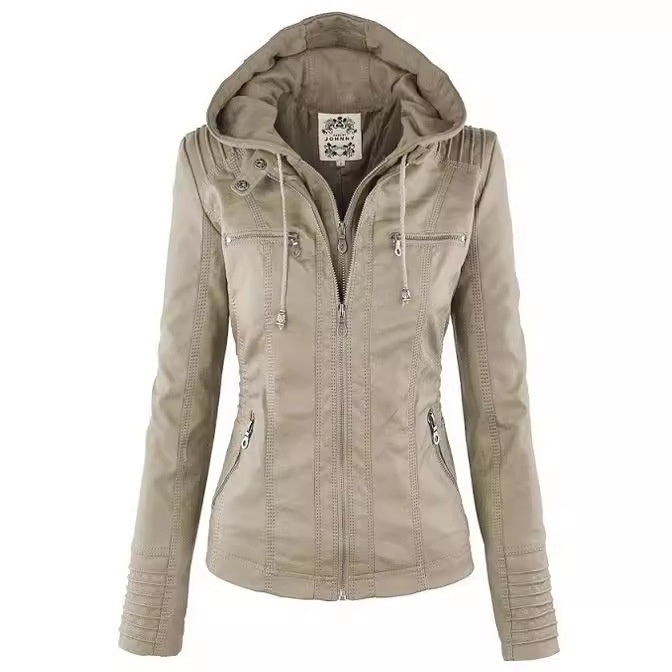 Women's Detachable Lapel Long Sleeve Solid Color Zipper Leather Jacket Coat LadyShow.Store