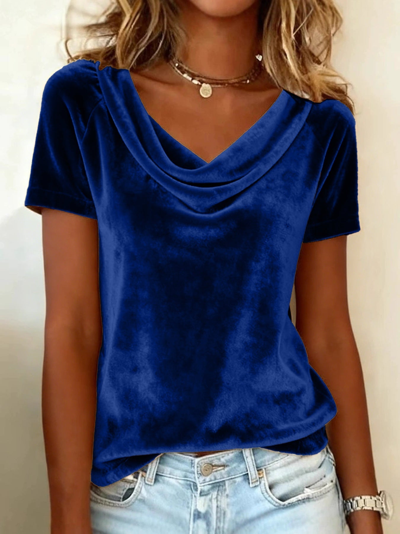 Womens New Solid-Colored Scoop-Neck Short-Sleeve Sexy Velvet T-Shirt LadyShow.Store