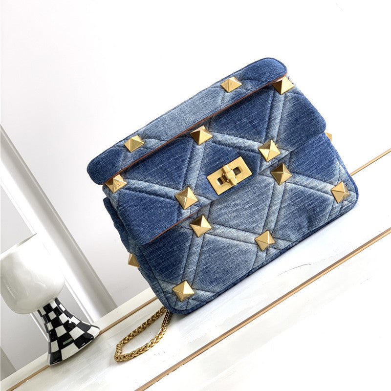 Denim With Cowhide Bag Large Rivet LadyShow.Store