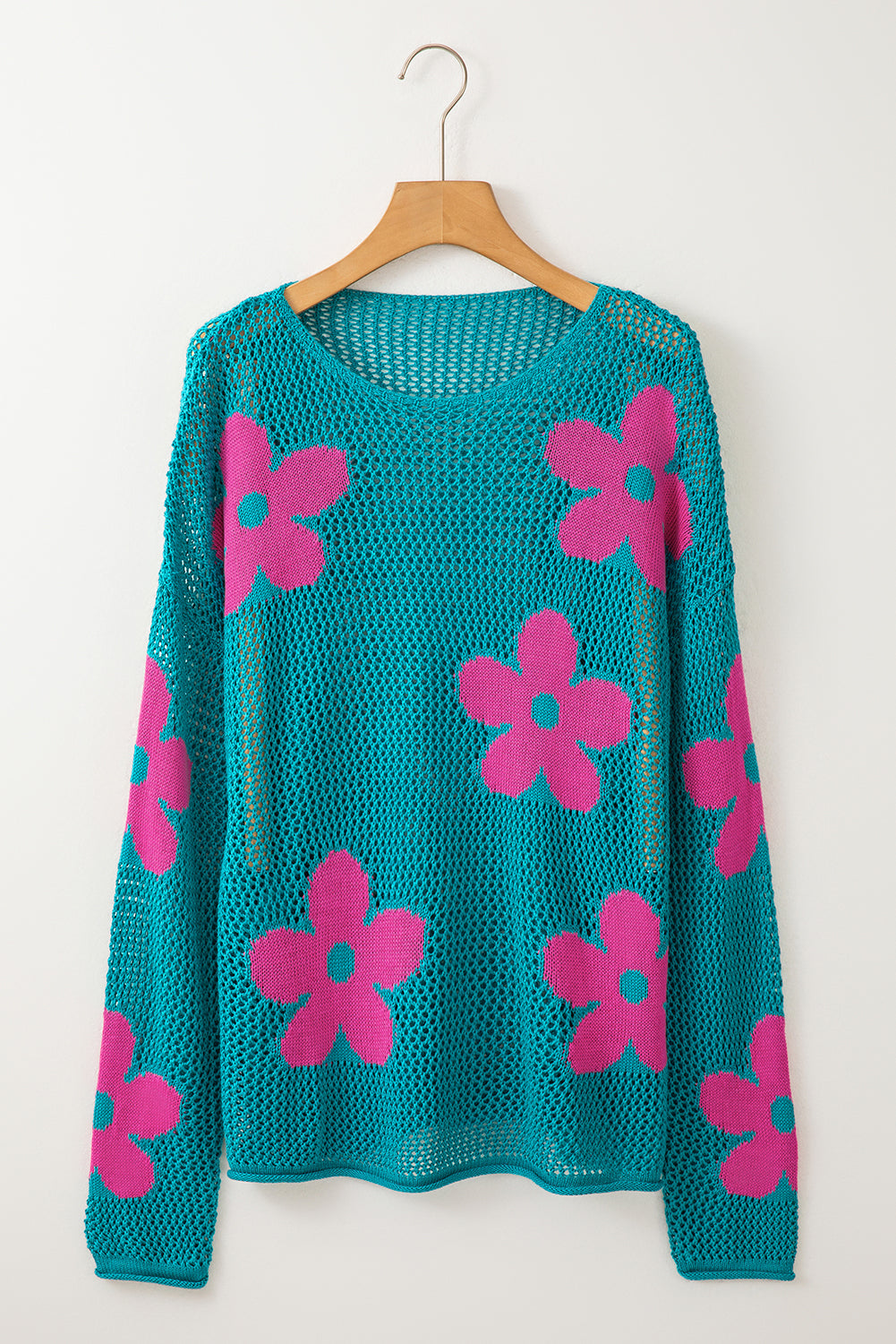 Dulce Big Flower Hollowed Knit Drop Shoulder Sweater Threaded Pear
