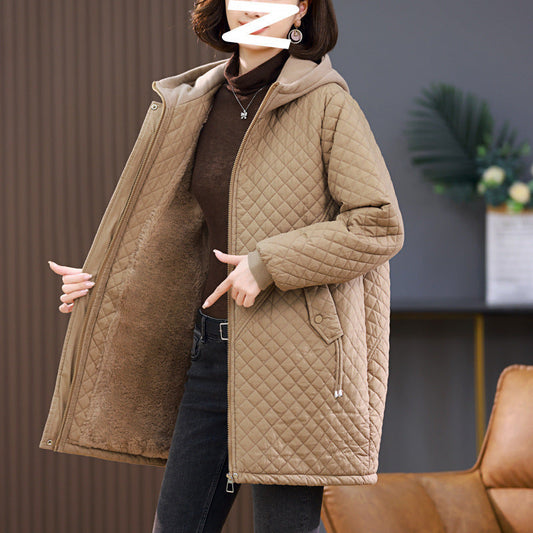 Women's Rhombus Cotton-padded Mid-length Loose Fleece-lined LadyShow.Store