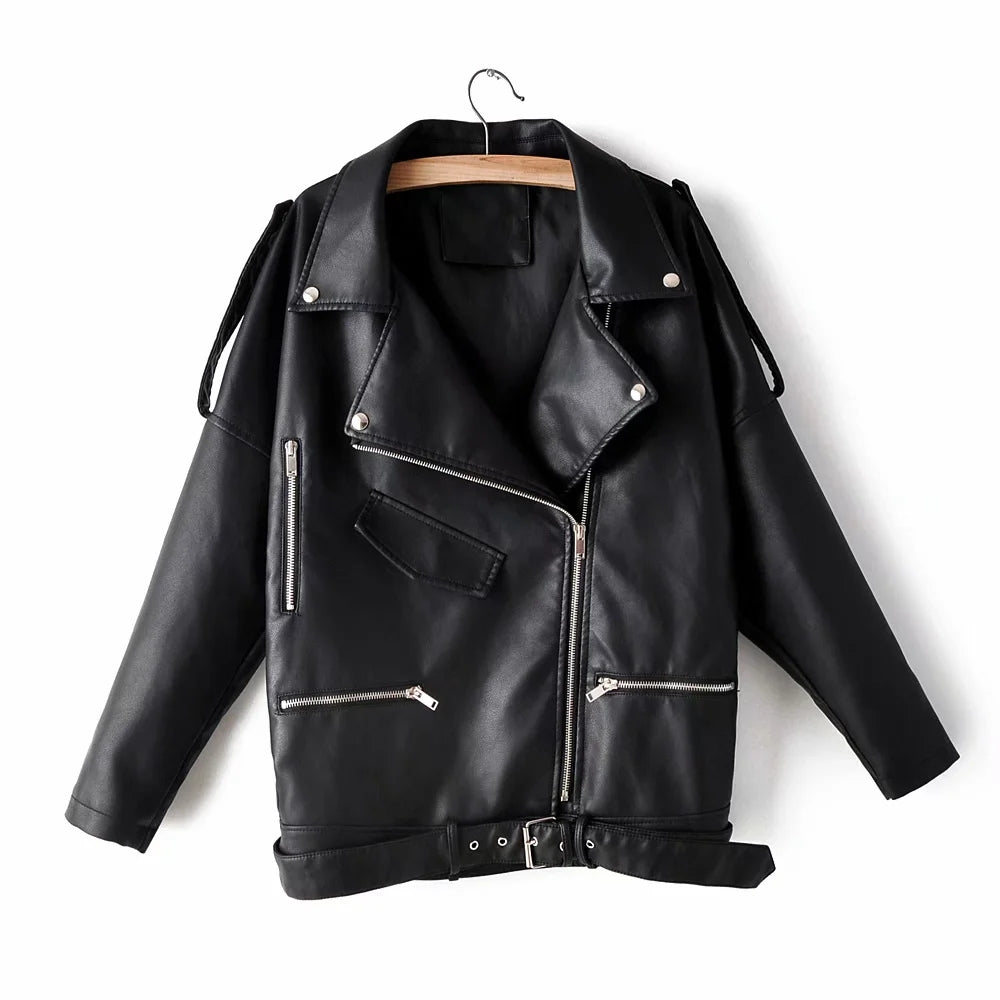 Chain Loose Female PU Leather Jacket Ladies Jacket