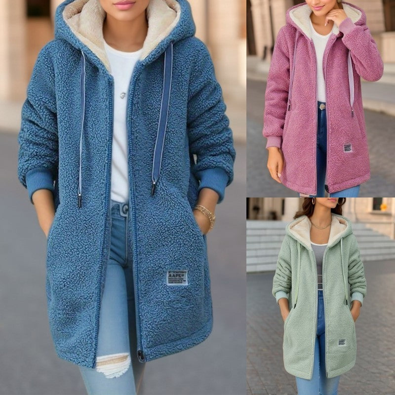 Winter Fleece Hooded Jacket Fashion Casual Zip-up Pockets Long Sweatshirt Warm Commuter Women's Clothing LadyShow.Store