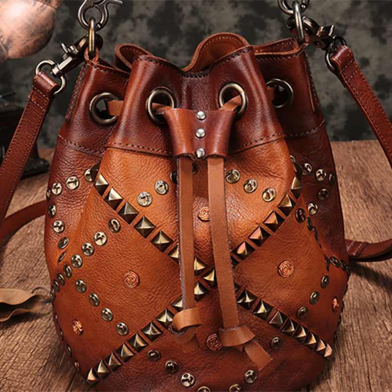 Vintage Rivet-Embellished Leather Bucket Bag - First Layer Cowhide Drawstring Purse in Mocha Plum (24x21x21cm) LadyShow.Store