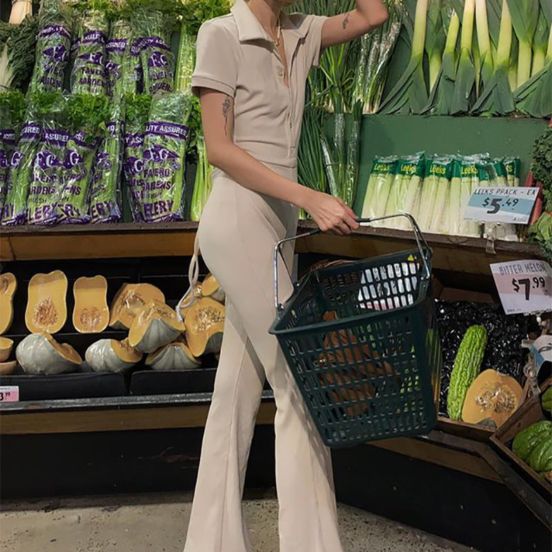 Women's Skinny Backless Lapel Button Jumpsuit LadyShow.Store