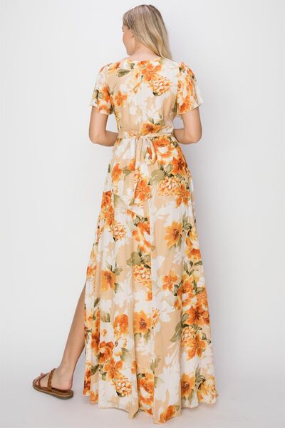 HYFVE Floral Tie Back Short Sleeve Slit Maxi Dress LuxuryLifeWay Online Store