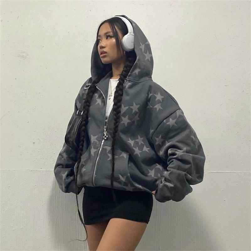 Stars Printed Zipper Hooded Cardigan Couple Fashion Outerwear Hoodies Sweatshirt Street Men Women Coat Accent Plus
