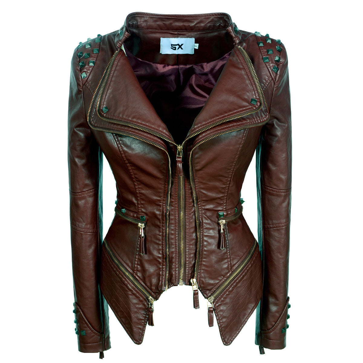 Women's Rivet Slim Washed Leather Motorcycle Jacket LadyShow.Store