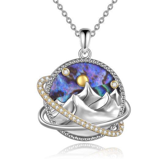 Sterling Silver Universe Planet Sun Moutain Pendant Necklace Abalone Shell Cubic Zirconia Jewelry LadyShow.Store