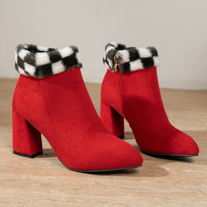 New Plaid Print Plush Ankle Boots Winter Fashoin Square Heel Suede Boots Women Casual Versatile Shoes Autumn And Winter Best YouTube Store