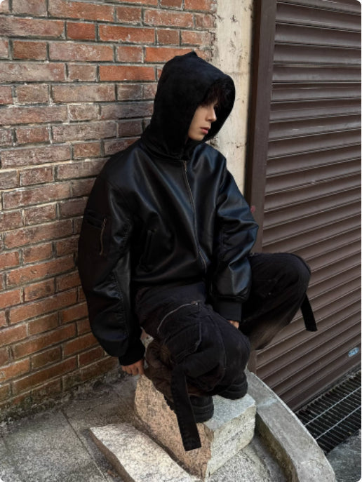 Men's Detachable Hooded Double-sided Leather Jacket Accent Plus