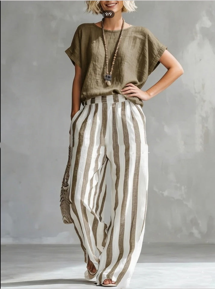 Short-sleeved Trousers Suit Summer Fashion Round Neck Pullover T-Shirt And Striped Print Straight Leg Pants Two-Piece Clothing For Women LadyShow.Store