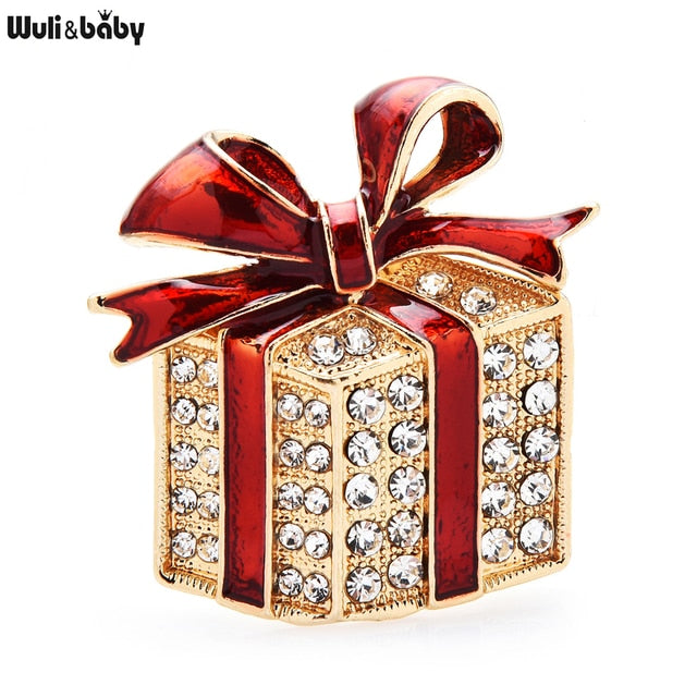 Rhinestone Enamel Gift Box Brooches