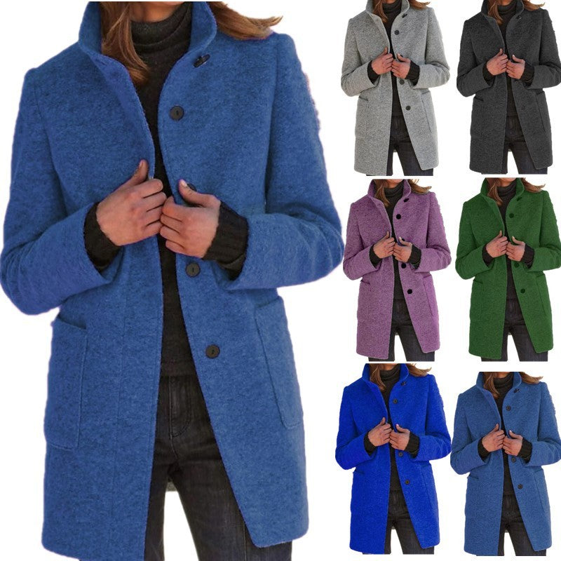Women's Stand Collar Woolen Coat - Slim Fit Fall and Winter Button Front Trench Coat with Pockets Best YouTube Store