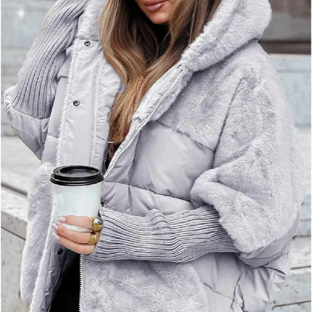 Women's Loose Cotton Coat Faux Fur Patchwork Winter Coat Comfort Chic Long Sleeve Hooded Jacket LadyShow.Store
